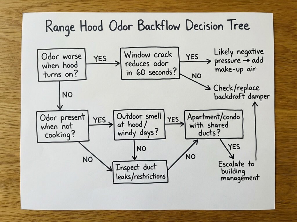 A flowchart showing window test, odor when not cooking, damper check, shared duct branch