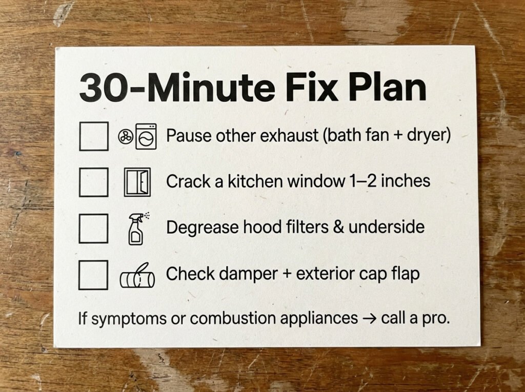 A checklist showing pause other exhaust, crack a window, clean filters, check damper.