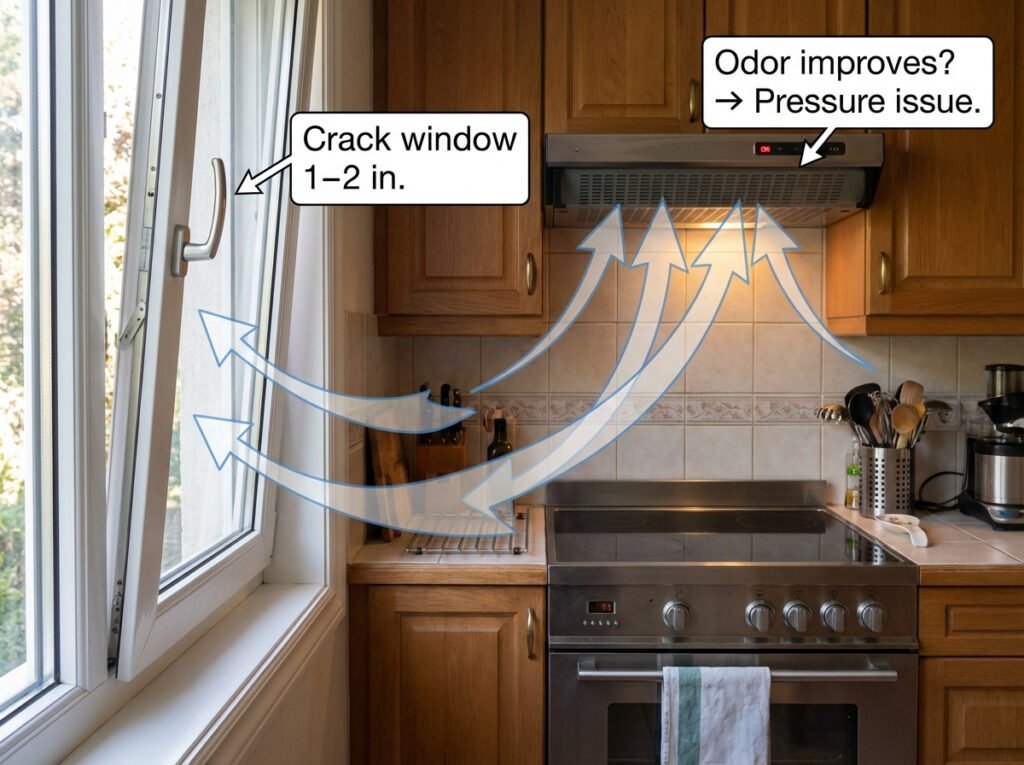 A slightly opened kitchen window with a range hood on and arrows indicating make-up air entering.