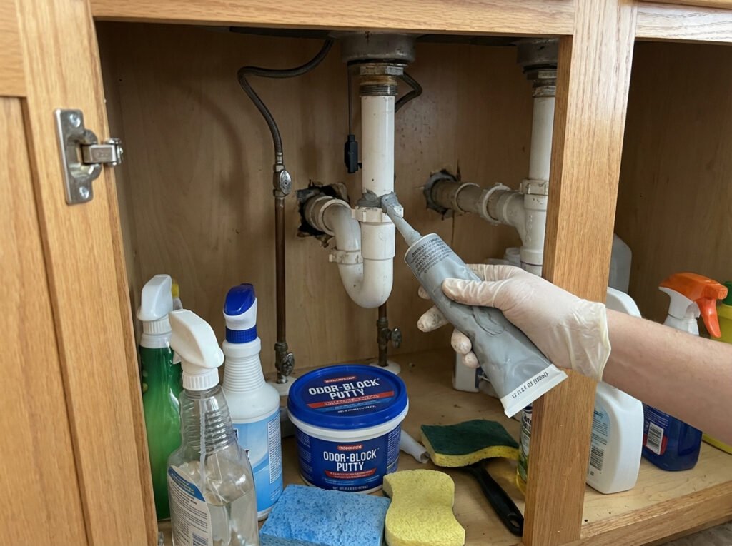 Under-sink cabinet showing pipe cutouts being sealed to reduce odor intrusion from wall cavities