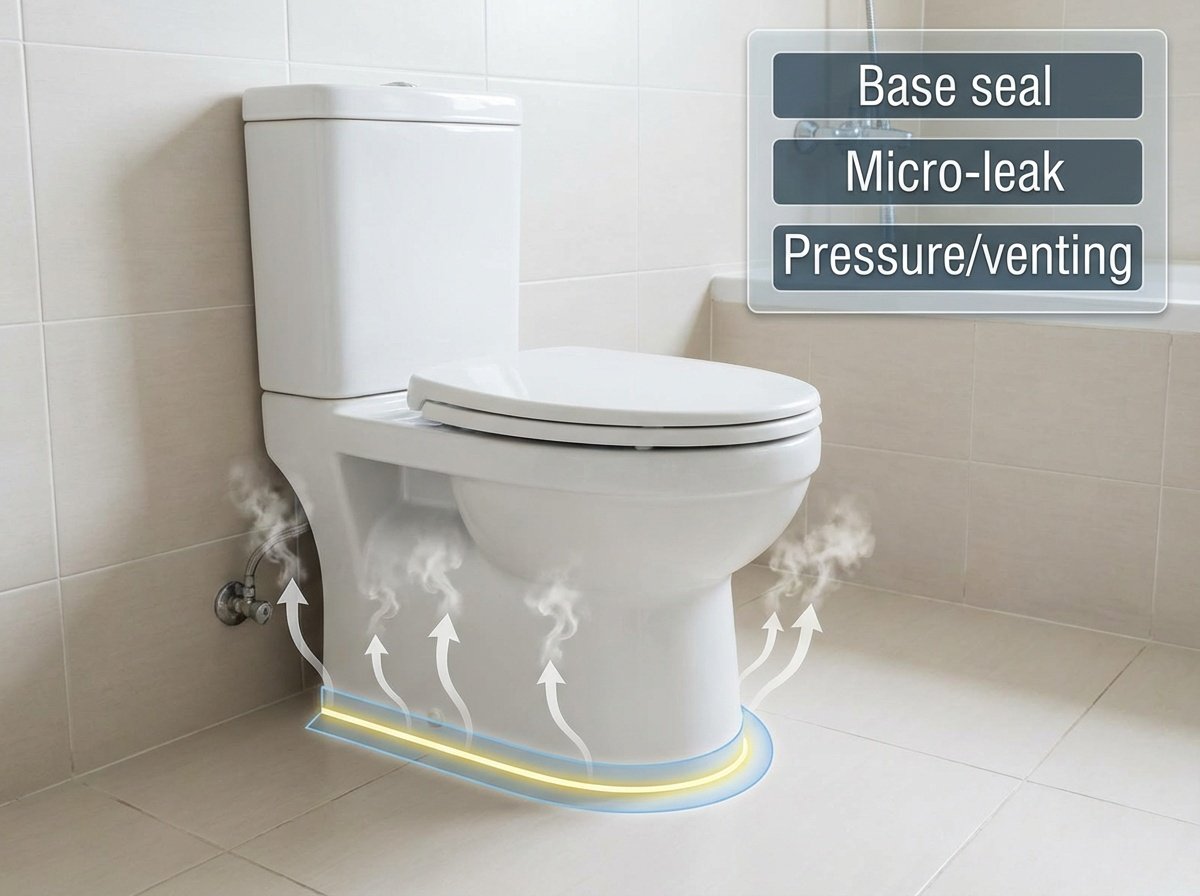 A bathroom toilet with a subtle highlighted ring at the base and arrows showing odor escaping from the floor seam
