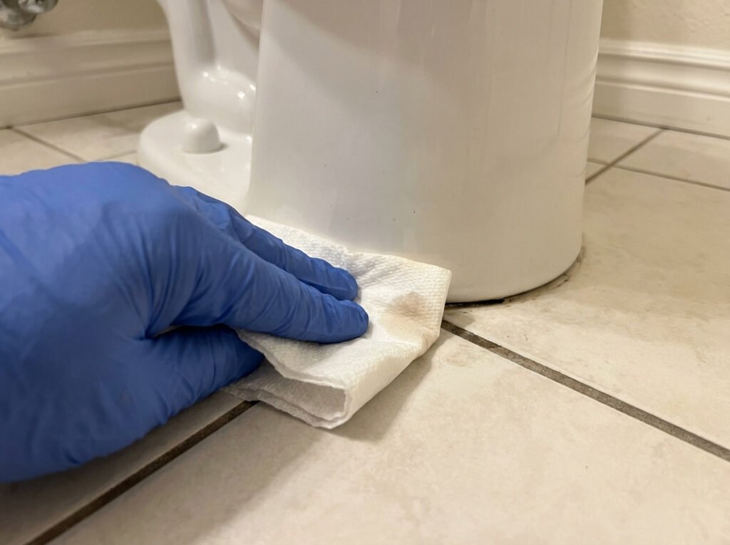 A hand pressing a white paper towel along the toilet base seam to check for dampness or residue