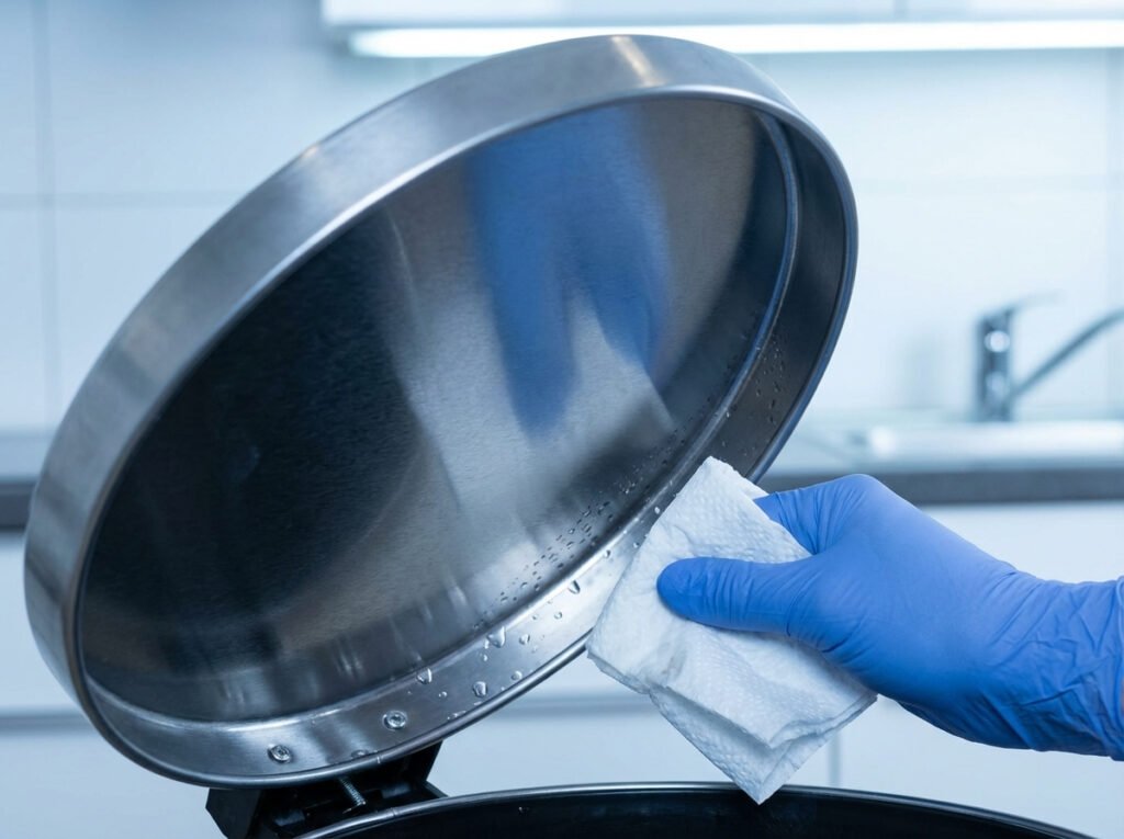 A hand wiping the underside rim of a trash can lid with a paper towel.