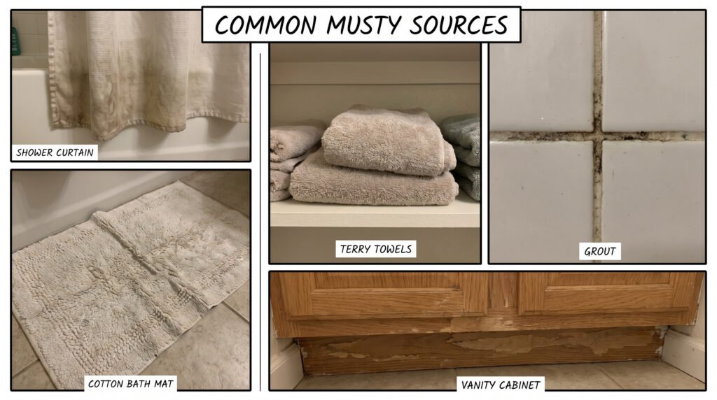 Common bathroom musty smell sources including bath mat, shower curtain, grout, towels, and vanity base