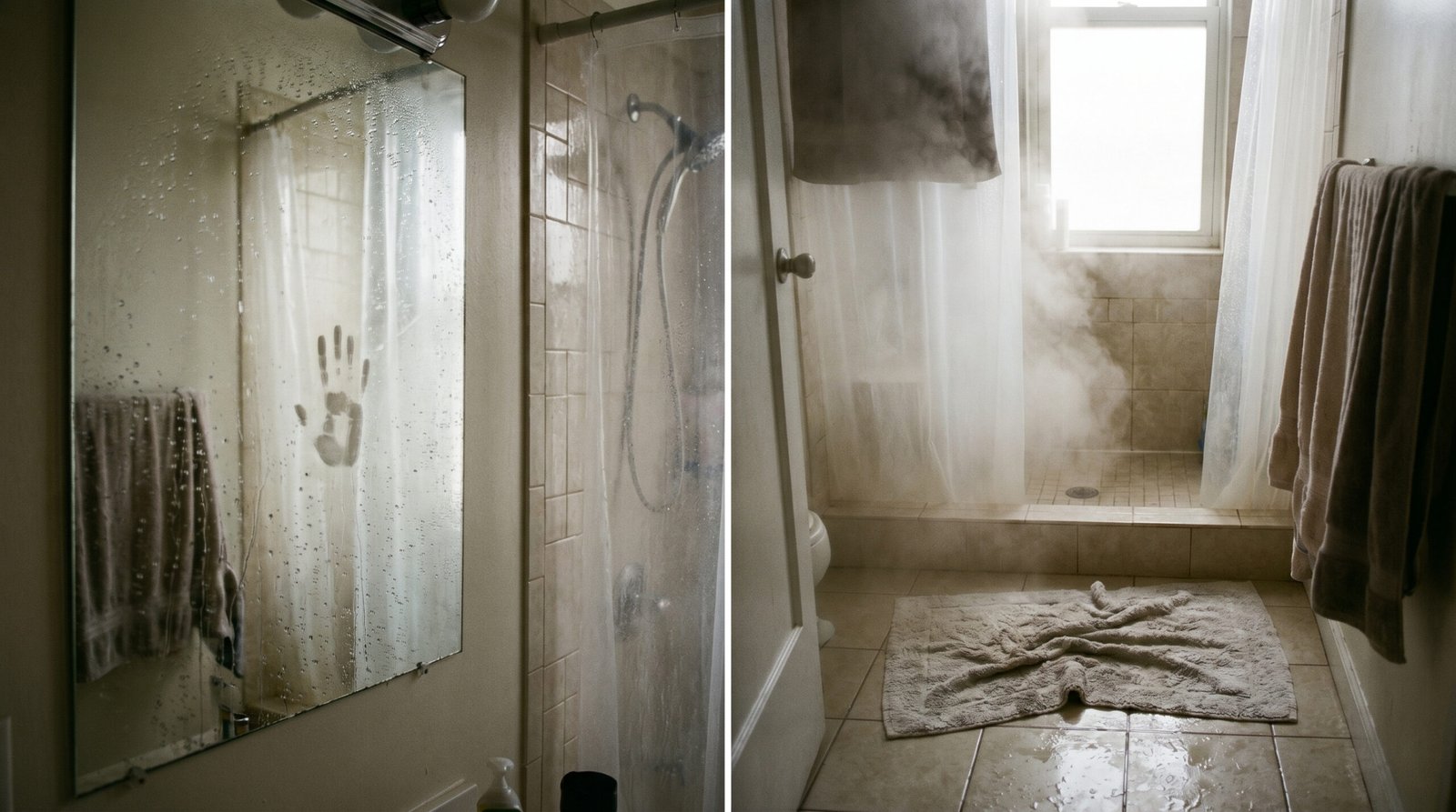 Bathroom with lingering steam and damp surfaces after a shower causing a musty smell
