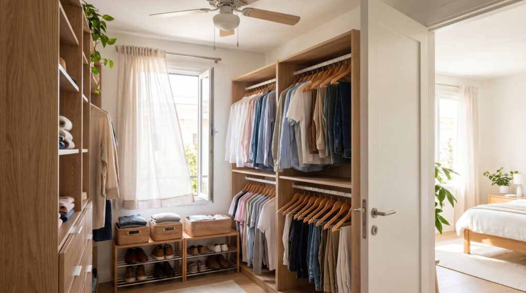 Closet with spaced clothes and open door for airflow to prevent musty smell