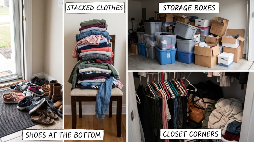 Common sources of musty smell in closet including shoes and storage boxes