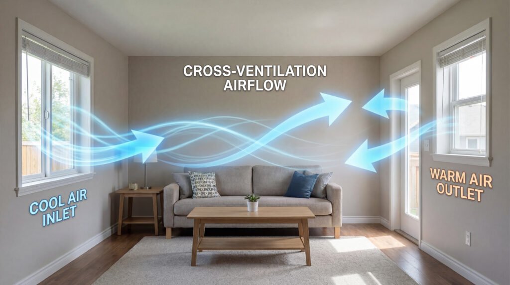 Cross-ventilation setup showing how to clear stale air from a room quickly