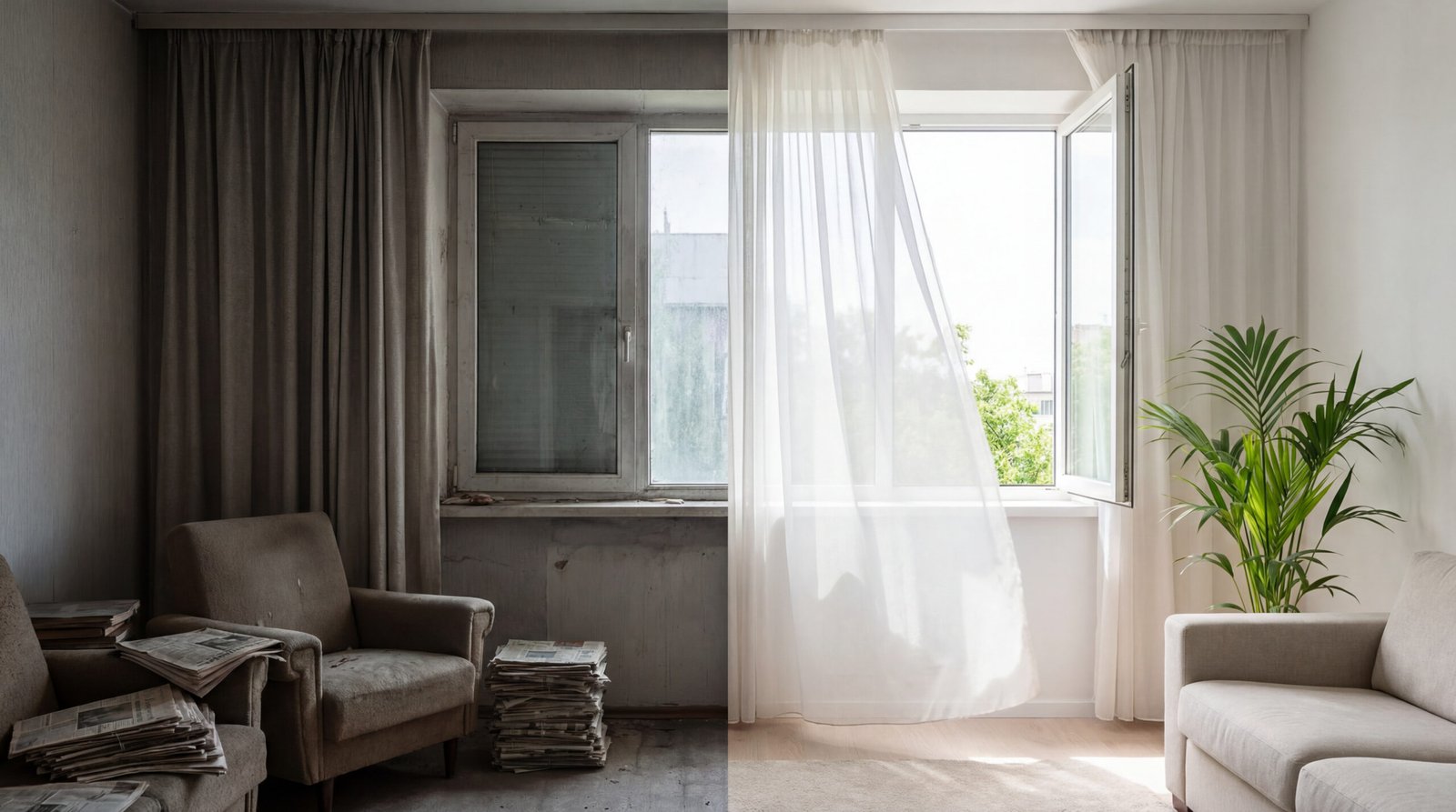 Stale indoor air in a living room being cleared by fresh airflow from an open window