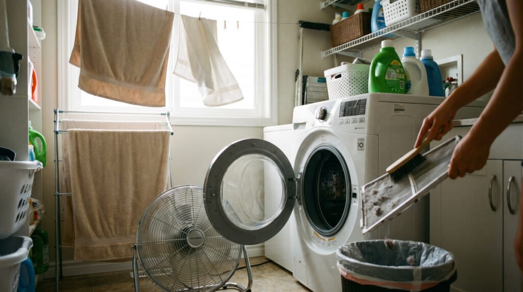 Laundry room dry out reset with washer door open, fan airflow, towels drying, and lint screen cleaned