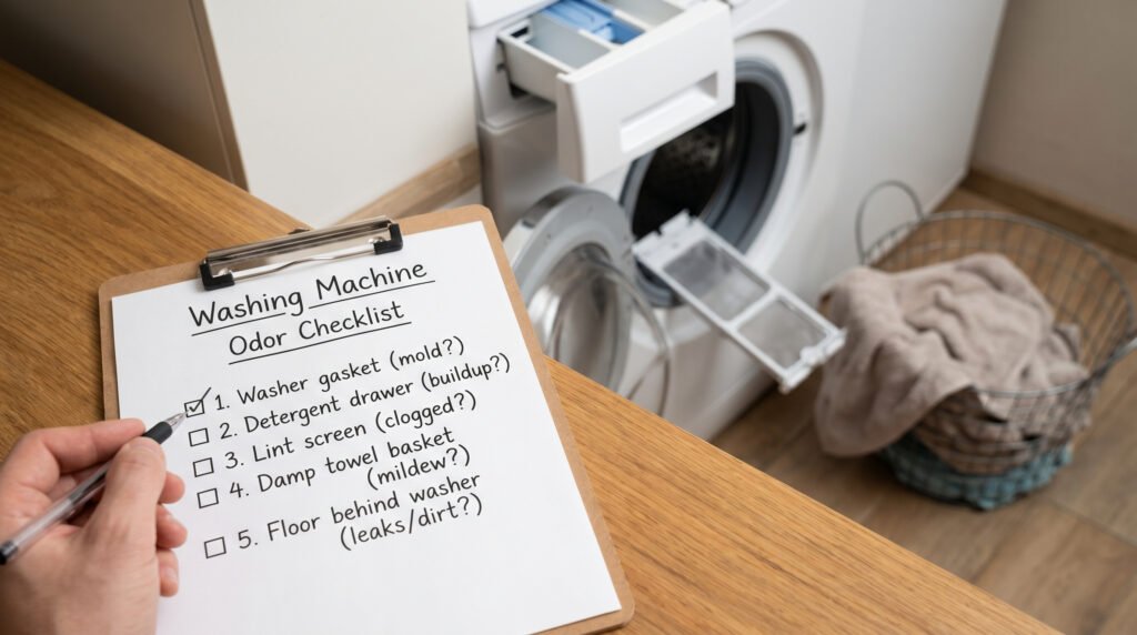 Laundry room musty smell source check including washer gasket, lint screen, damp towels, and appliance floor