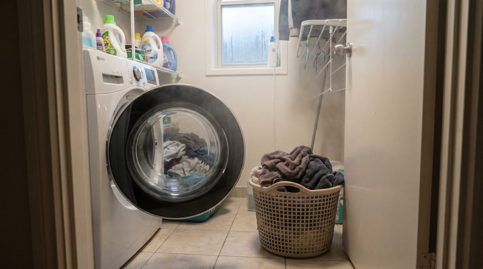 Laundry room with open washer and damp towels causing a musty smell