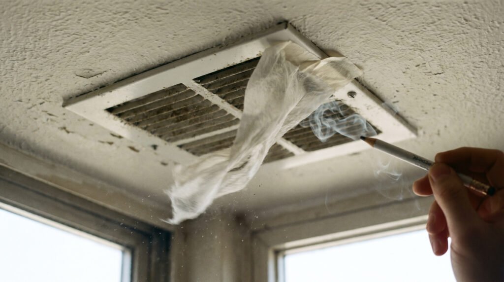 A tissue held near a bedroom air vent to test airflow strength