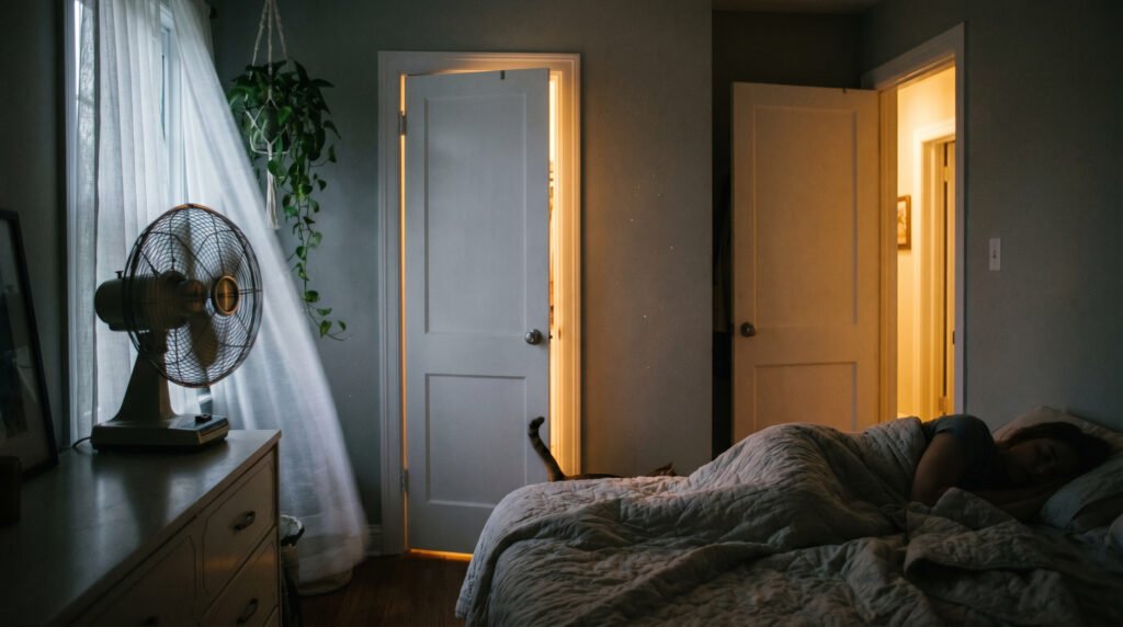 A bedroom fan circulating air near a slightly open bedroom door at night