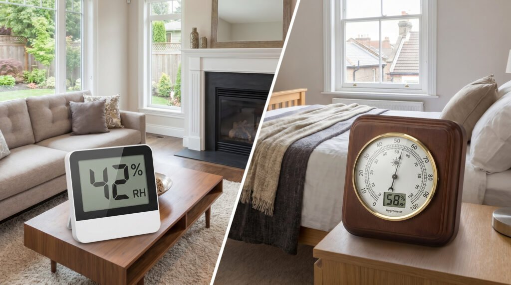 Two hygrometers showing different humidity levels upstairs and downstairs